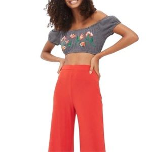 Topshop Check Crop Top 10 Large Black White w Floral Embroidery Off Shoulder NWT